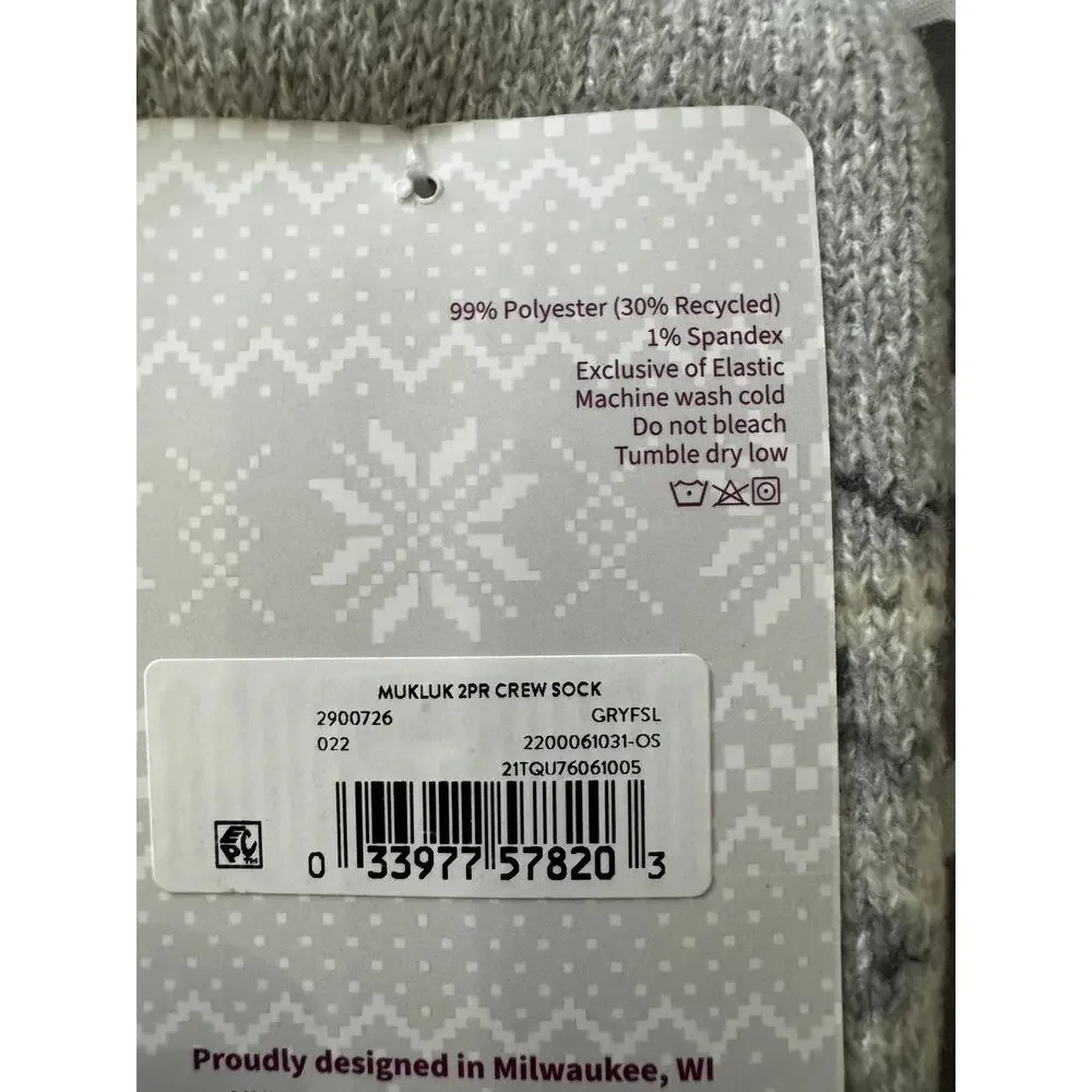 MUK LUK (2) pair Woman's Crew Socks Shoe Sz 6-11 New Giftable COZY